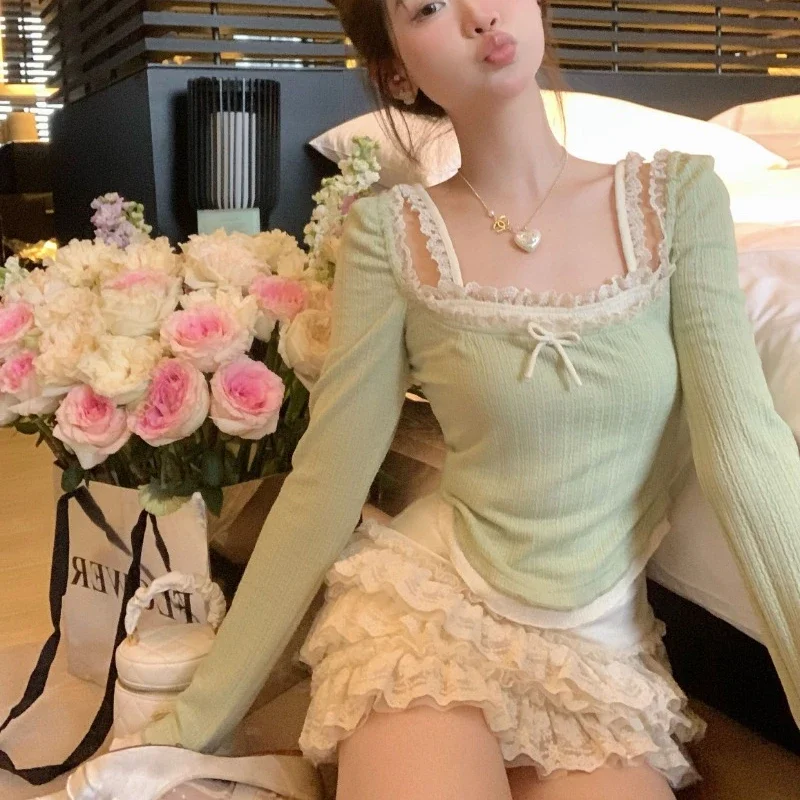 

Sweet Kawaii Tees Women Evening Party Slim Y2k T-shirt Office Lady Casual Outwear Long Sleeve Top Korean Fashion autumn Cute