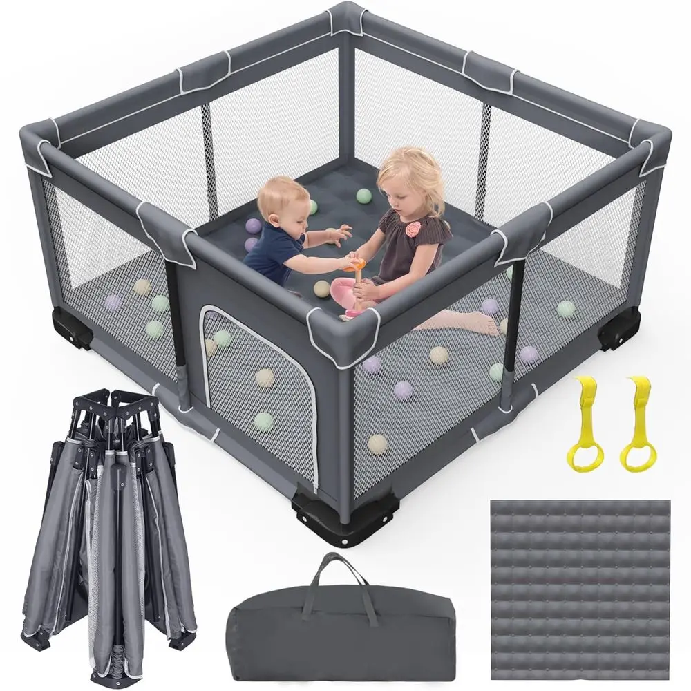 Draagbare opvouwbare box met mat voor baby's, peuters en kinderen - grijs, 50x50 inch