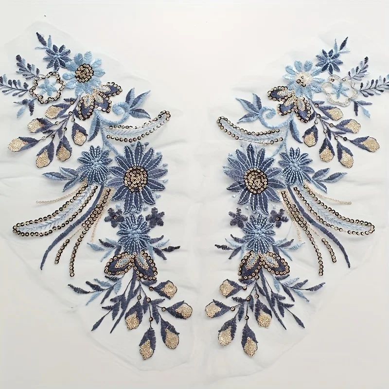 زوج واحد، فستان مطرز من قماش الدانتيل بالترتر الأزرق مع ياقة مزخرفة، رقعة خياطة شبكية مناسبة لتزيين الزفاف بنفسك