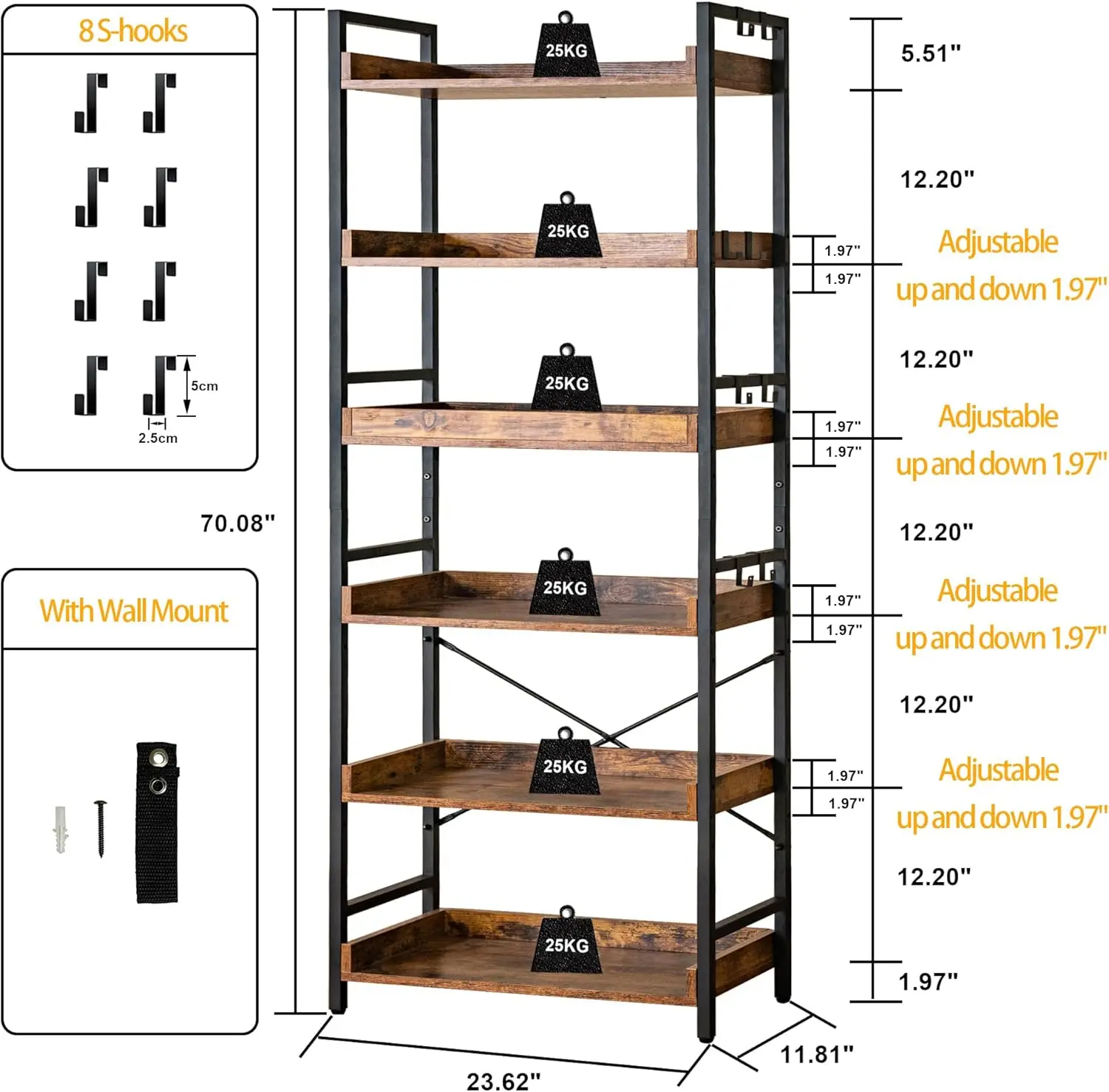 Adjustable 6 Tier Open Bookcase, Rustic Farmhouse Book Shelves, Industrial Wood and Black Metal Bookshelves,Mid Century Bookcase