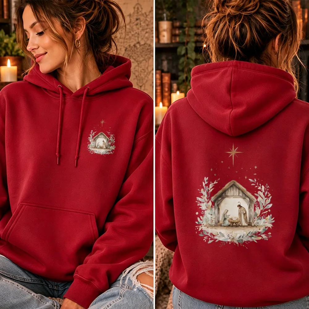 `Nativity Scene Hoodie Christian Christmas Jesus Mary Joseph Bethlehem Star Watercolor Double Sided Print Unisex Pullover`2026