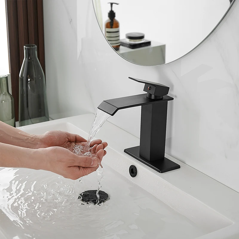 3 Holes Chrome/Matte Black Waterfall Single-Handle Single Hose Low-Arc Bathroom Cold And Hot Water Mixer Faucet Sink Taps