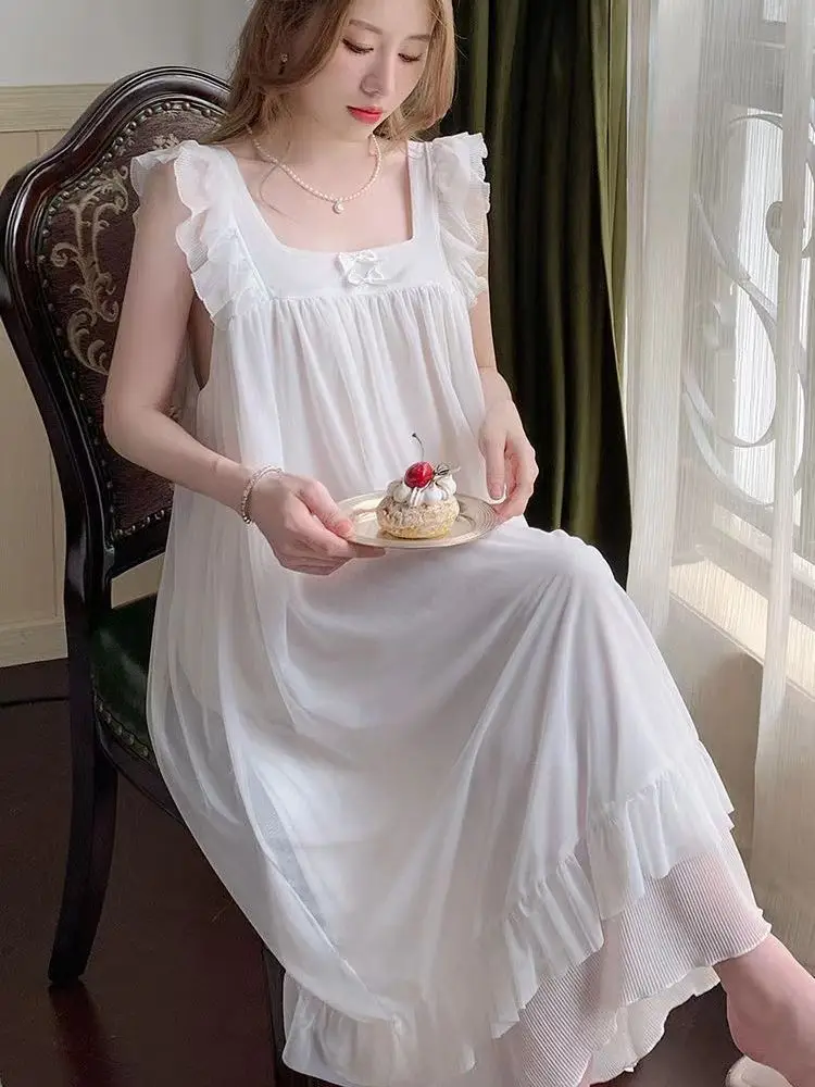 Summer Womens Princess Dress White Sleeveless Sleepshirts Vintage Lady Girls Nightgowns Nightdress Royal Style Pajamas Sleepwear