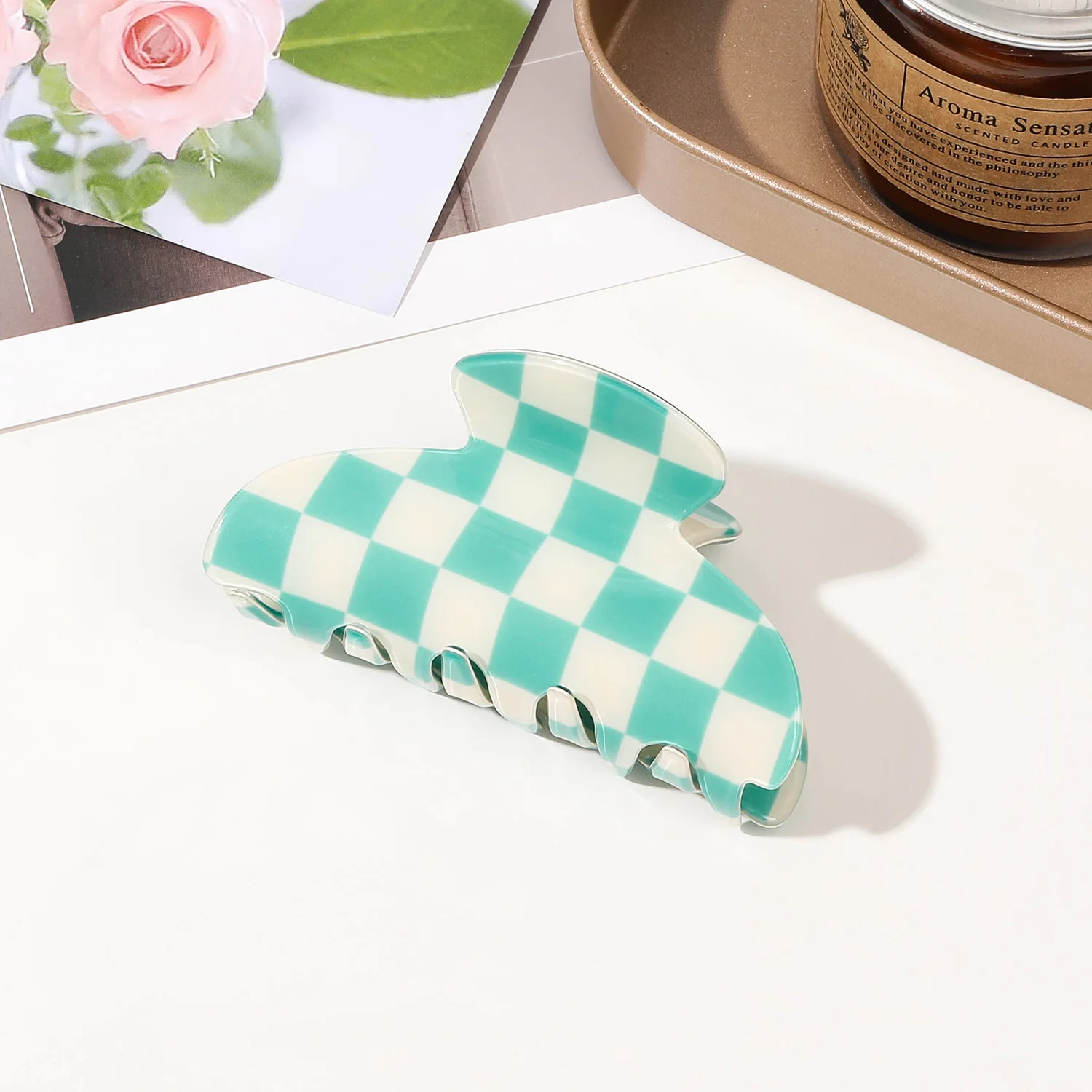 1Pcs Checkerboard Grid Hair Clips, Back of The Head Plate Hair Grab Clip Ponytail Shark Clip Suitable for Thin Thick Hair