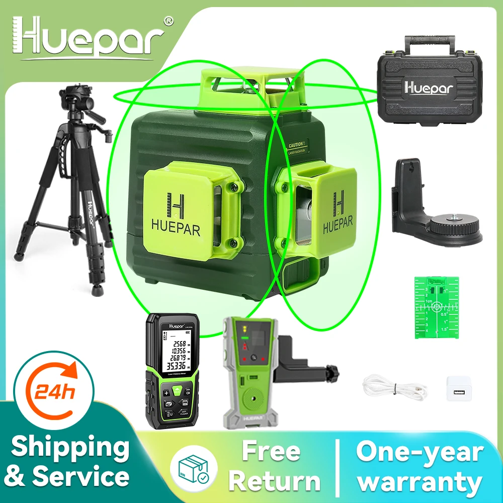 Huepar 12 Lines Laser Level Set Professional Germany Osram 3D Self-Leveling Horizontal And Vertical Cross Lines With Hard Case