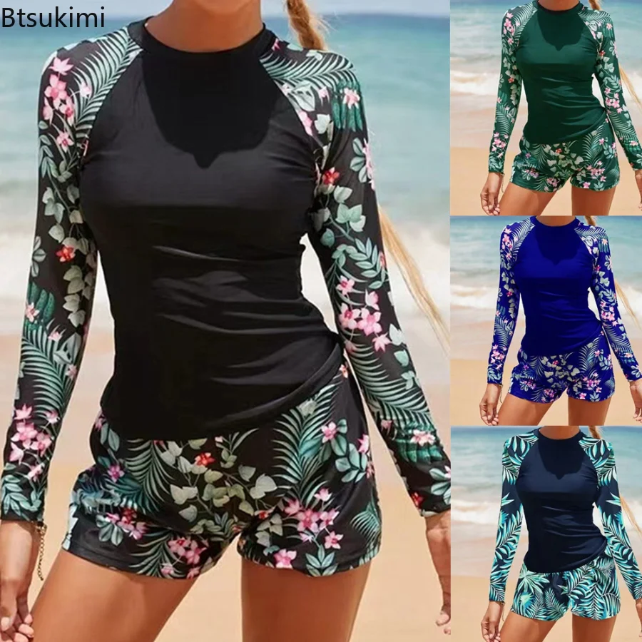 2025 maiô feminino tankini conjunto de manga longa banho feminino surf esportes piscina beachwear fatos de banho de duas peças com shorts