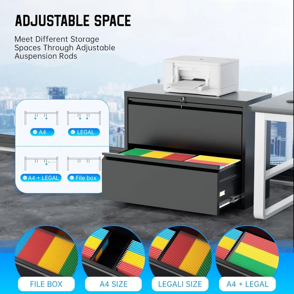 خزانة ملفات جانبية معدنية مع قفل، أسود، وحدة تخزين مكتبية لملفات Legal/Letter/A4/F4