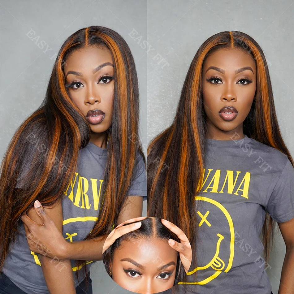 

Kinky Straight Ombre Highlight Brown Ginger 13x4 HD Lace Front Human Hair Wigs Upgraded Gluless 5X5 Colored Wig Wear And Go