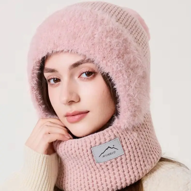 Winter Hat Scarf Hoodie One-Piece Knit Hat Women Striped Soft Warm Stretchy Simple Versatile Outdoor Ski.