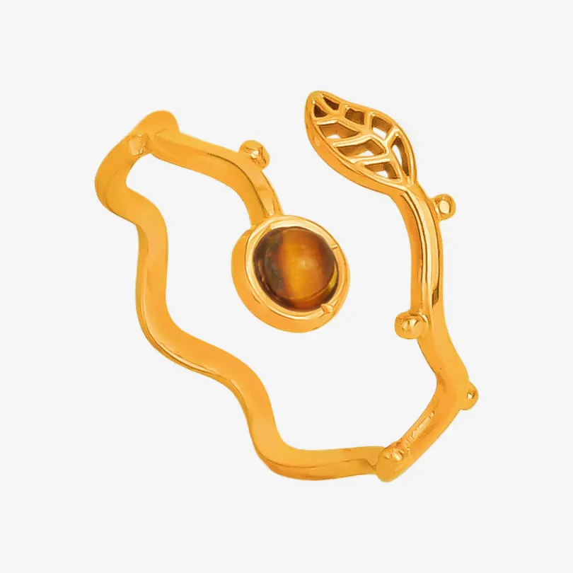 Real Tiger Eye Stone Ring Sun Heart Stainless Steel Open Rings For Women Men Accessories Real Gold Plated Vintage Jewelry Anillo