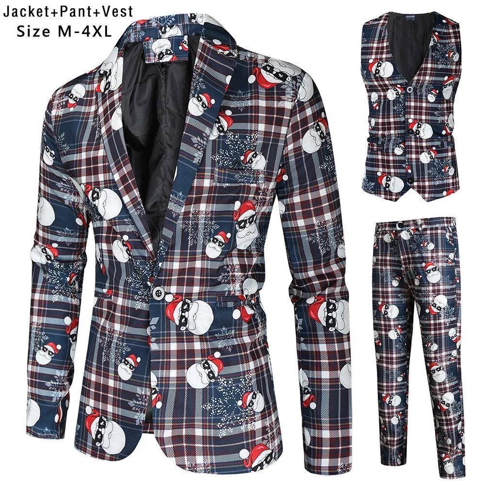 

Men's Christmas Party Suit Funny Costume Novelty Xmas Jacket Trousers Vest Snowman Plaid 3 Piece Casual Business Printed Suits