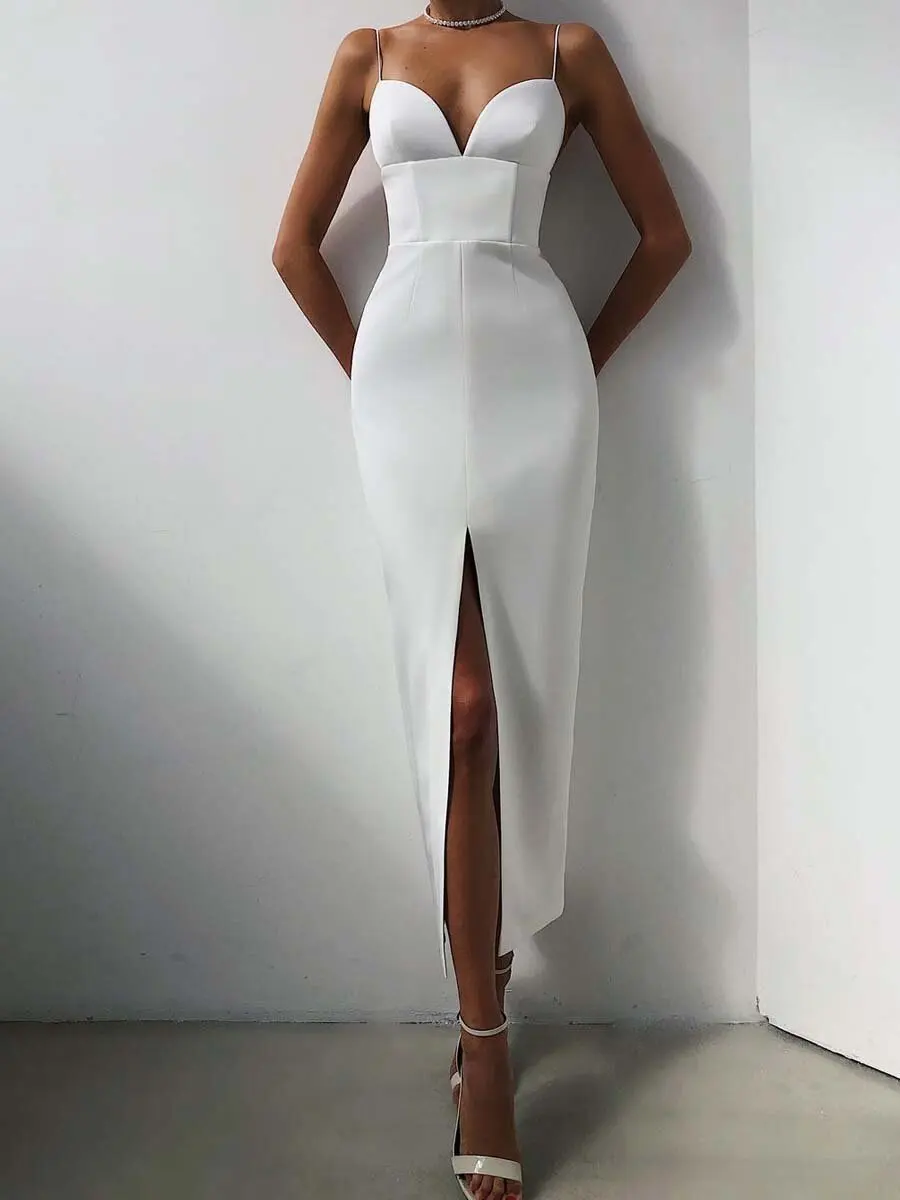 

2025 New Summer Women White Bodycon Bandage Dress Sexy V Neck Spaghetti Strap Club Celebrity Evening Runway Party Long Dresses