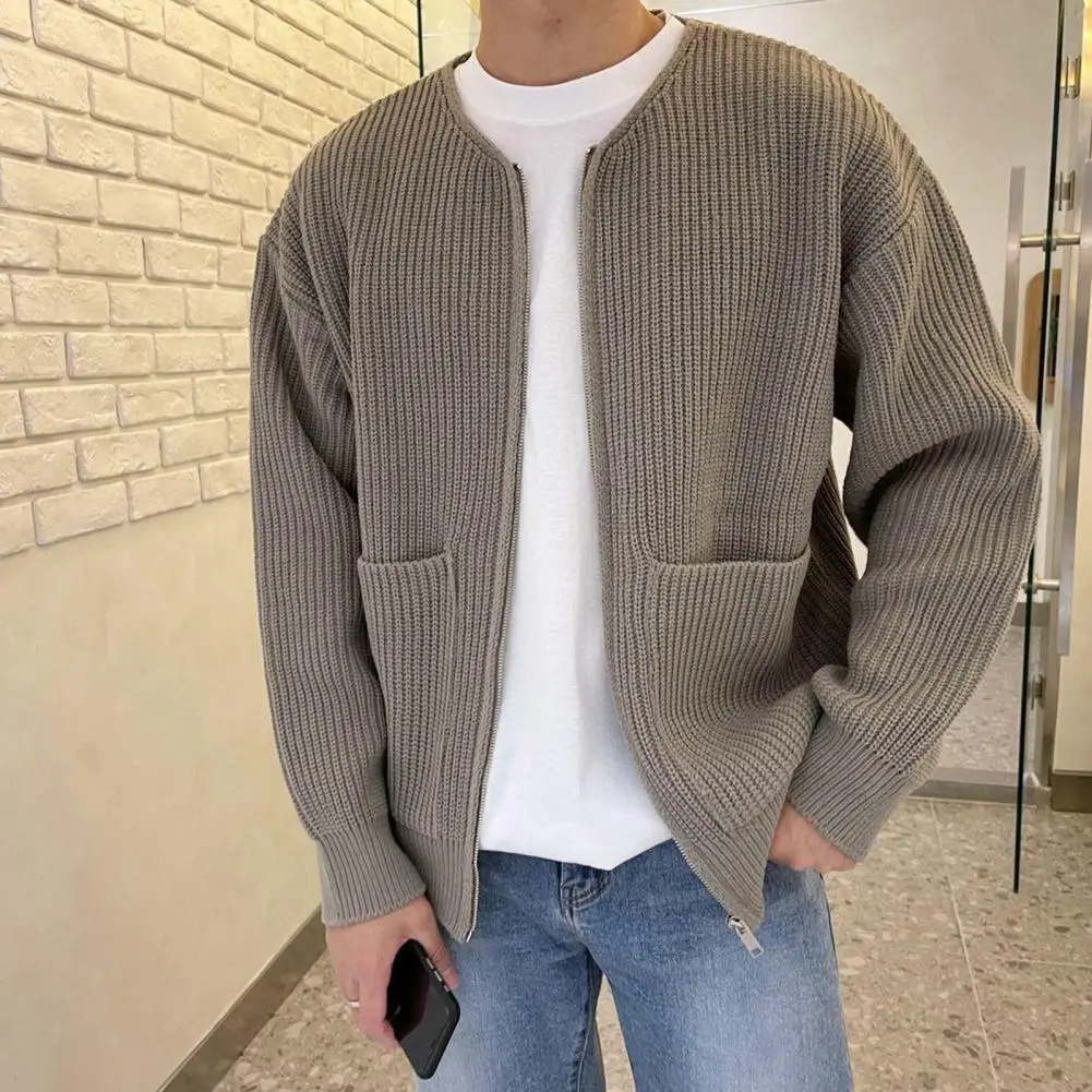 Men Coat Long Sleeves Solid Color Zipper Closure Pockets Thick Keep Warm Cardigan Loose Zip Up Autumn Sweater Coat for Daily