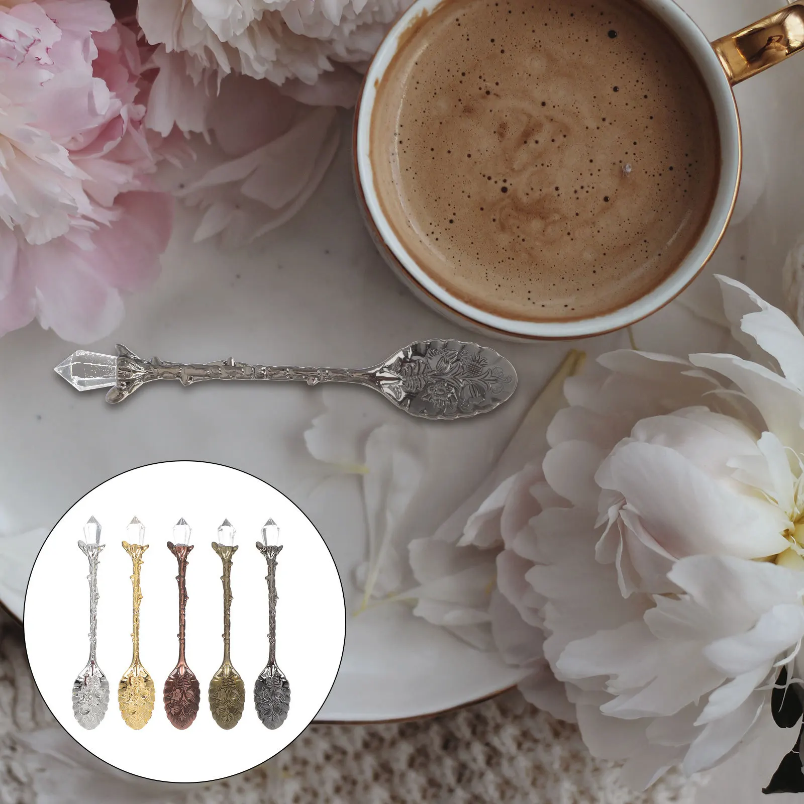 

5pcs Metal Engraved Coffee Scoops Food Spoons For Ice Cream Dessert Home Serving Salad Cereal Kitchen Utensils