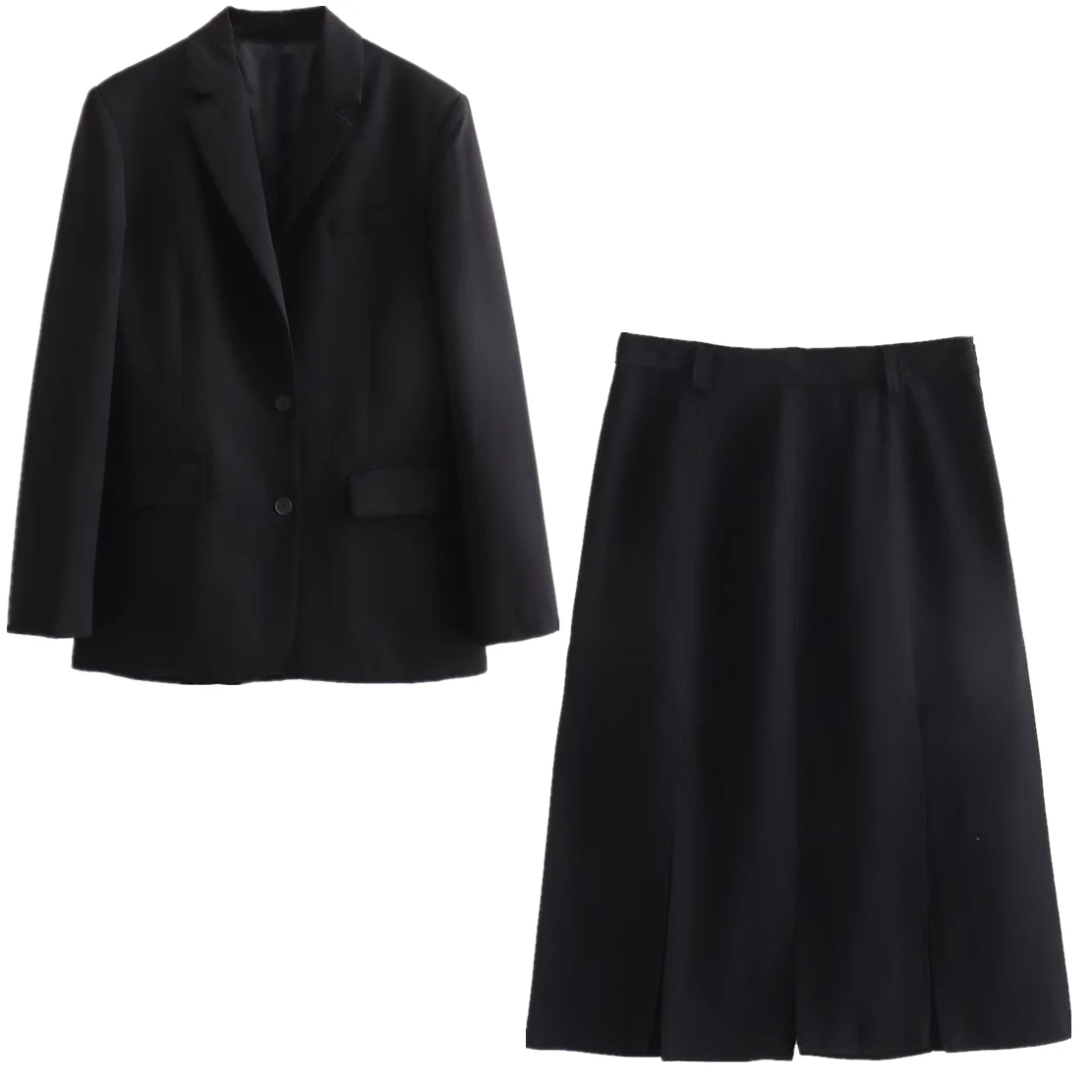 

Dave&Di French Fashion High Street Boyfriend Style Black Blazers Loose Retro High Waist Pleated Slit Loose Midi Skirt Women Sets