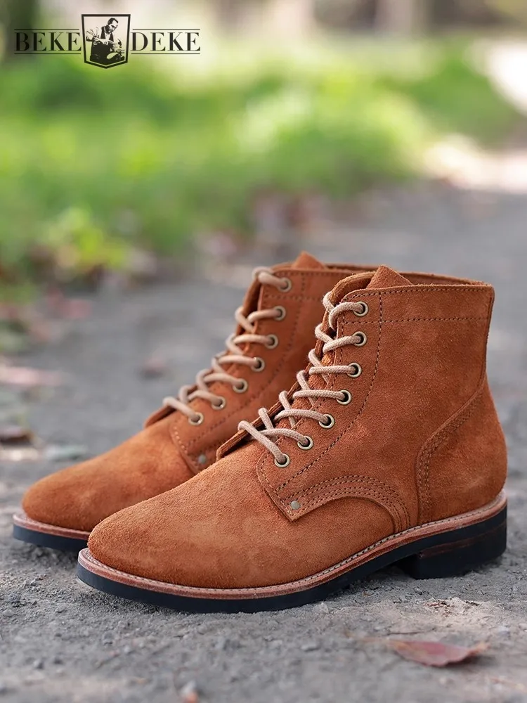 

Мужская высокая рабочая обувь из натуральной коровьей замши, мотоциклетные ботильоны на шнуровке, винтажная осенняя защитная обувь на низком каблуке
