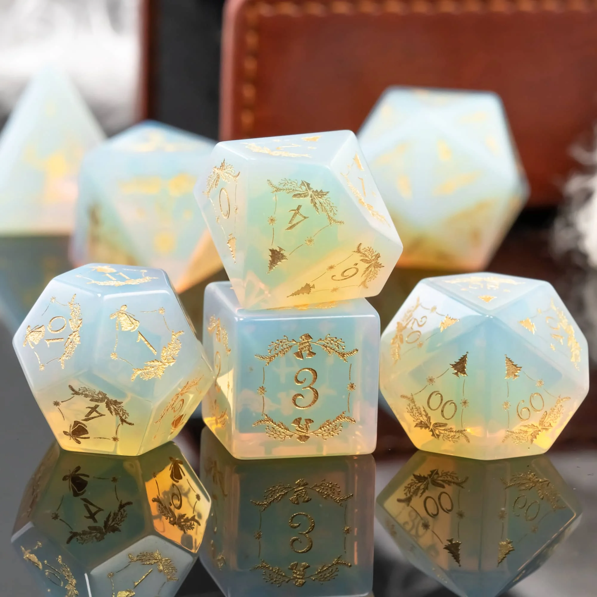 Cusdie Handmade Opal Stone Dice, 7Pcs 16mm Pattern Polyhedral Dice Set with Leather Box, Gemstone D&D Game Dices for Collection