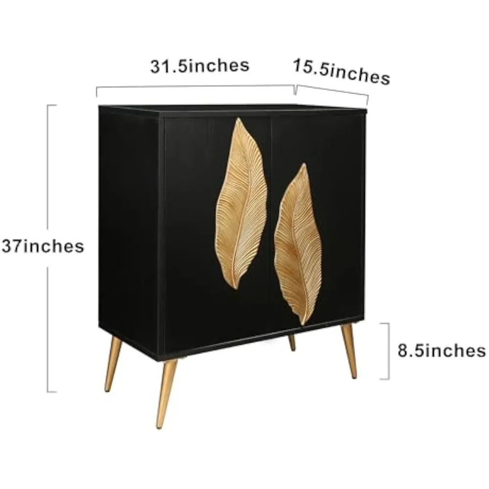 Black Accent Cabinet with Gold Leaf Design, Modern Sideboard Buffet with Storage