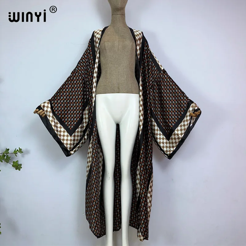 Kimono WINYI z nadrukiem klasyczny wzór słodka dama plażowa czeska długi kardigan ścieg na co dzień Boho Maxi przyjęcie świąteczne kimono