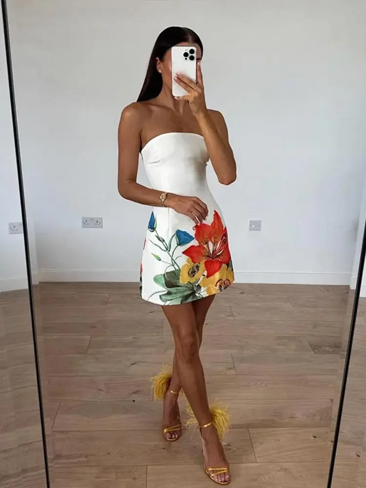 Women Floral Printed Strapless Mini Dress Femlae Sexy Backless Off-shoulder Sleeveless Bodycon Summer Lady Club Party Dresses