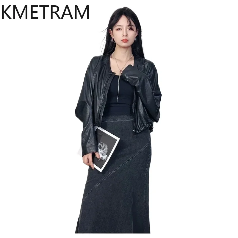 KMETRAM 100% натуральная кожаная куртка из овчины для женщин, с рукавами-крылышками, короткое пальто, легкие кожаные куртки, женская одежда 2026.