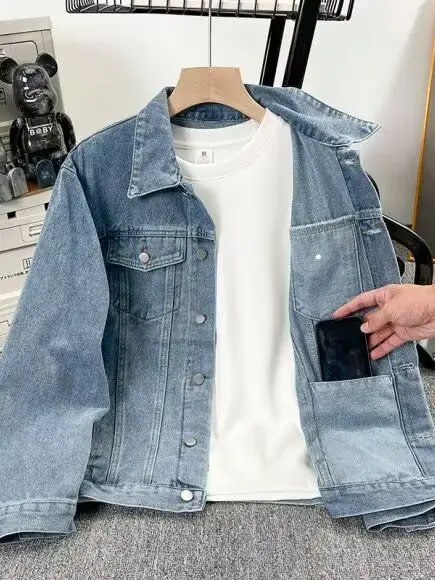 

Ретро-джинсовая куртка в американском стиле для мужчин: повседневная, универсальная, весенняя новинка, с множеством карманов, молодежная, трендовая, износостойкая верхняя одежда