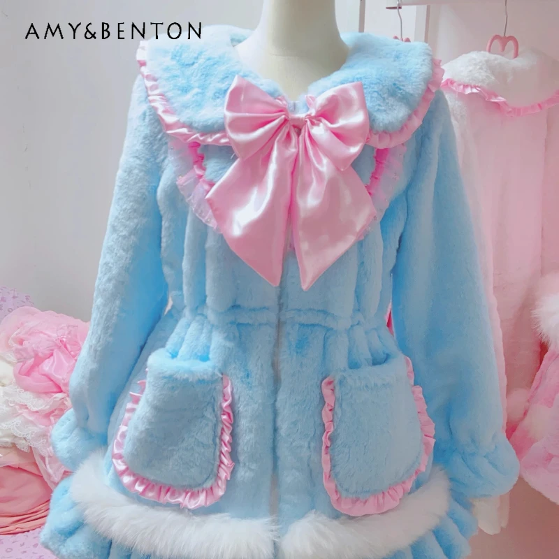 

Original Design Sweet Fluffy Cute Bow Fleece-Lined Women's Jacket 2025 Autumn Winter New Warm Kawaii Jacket Cotton Coat Ladies