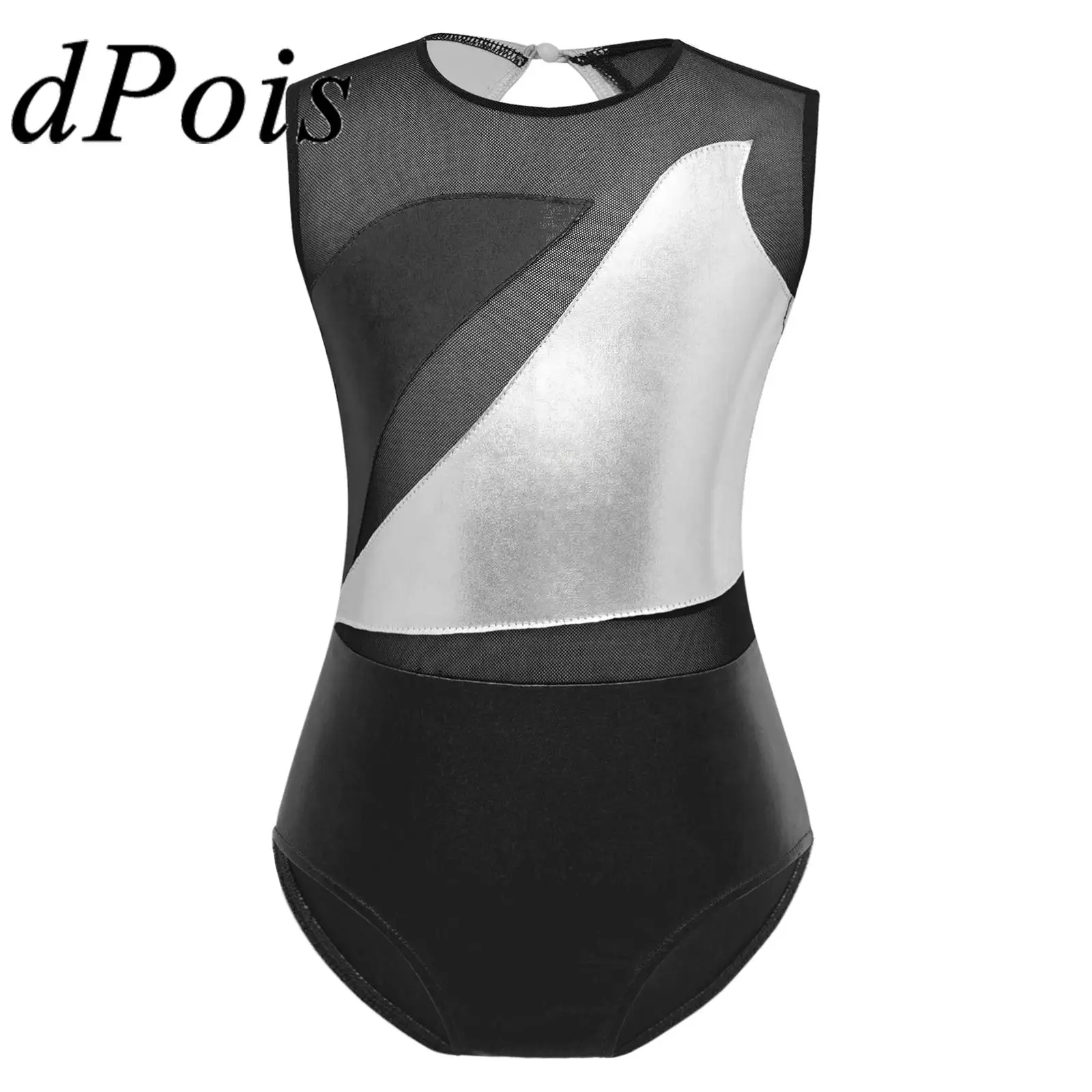 

Kids Shiny Metallic Ballet Dance Leotard Sheer Mesh Patchwork Sleeveless Gymnastics Bodysuit for Girls Figure Skating Jumpsuit