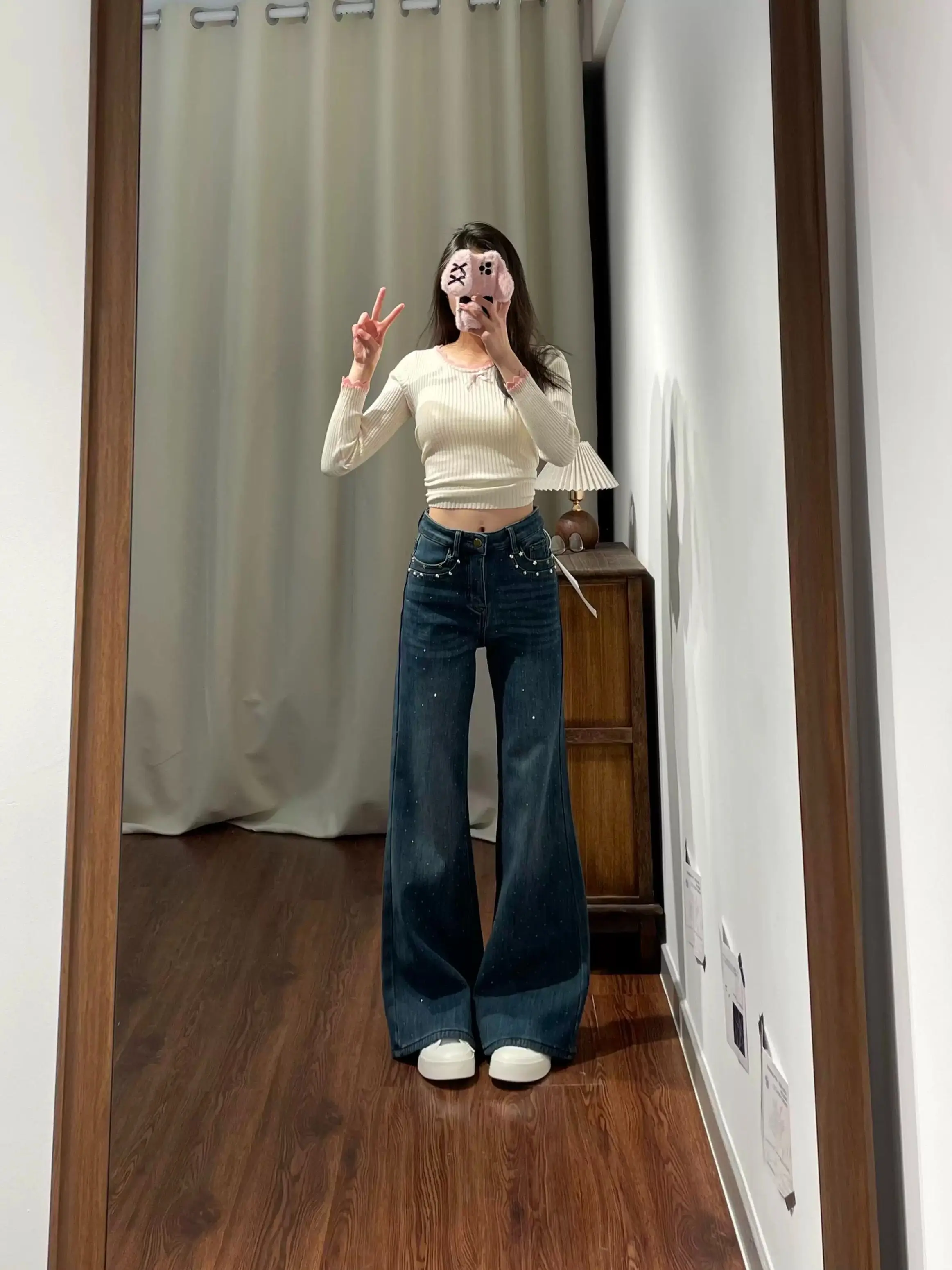 Y2K Sparkling Starry Hot Stamping Jeans Women Spring Micro Flared Elastic High Waisted Loose Slimming Flared Pants
