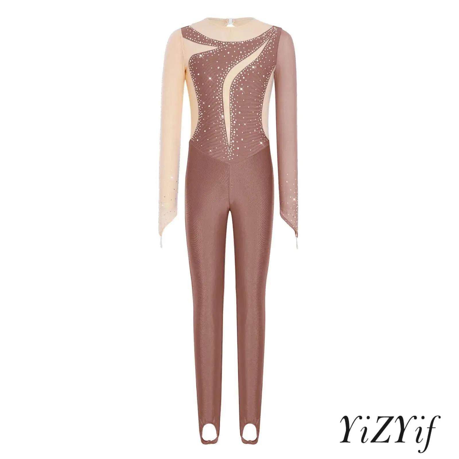 Rhinestone Gymnastics Bodysuit for Kids Long Sleeve Finger Holes Keyhole Back Jumpsuit Ballet Lyrical Ballroom Dance Leotard