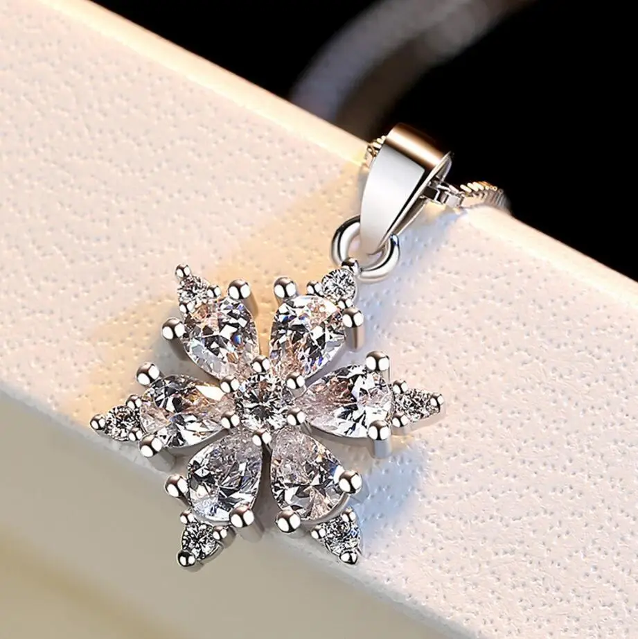 925 Sterling Silver Jewelry AAA Zirconia Snowflake Pendant Necklace For Women Gift 45cm Link Chain choker collares S-N134