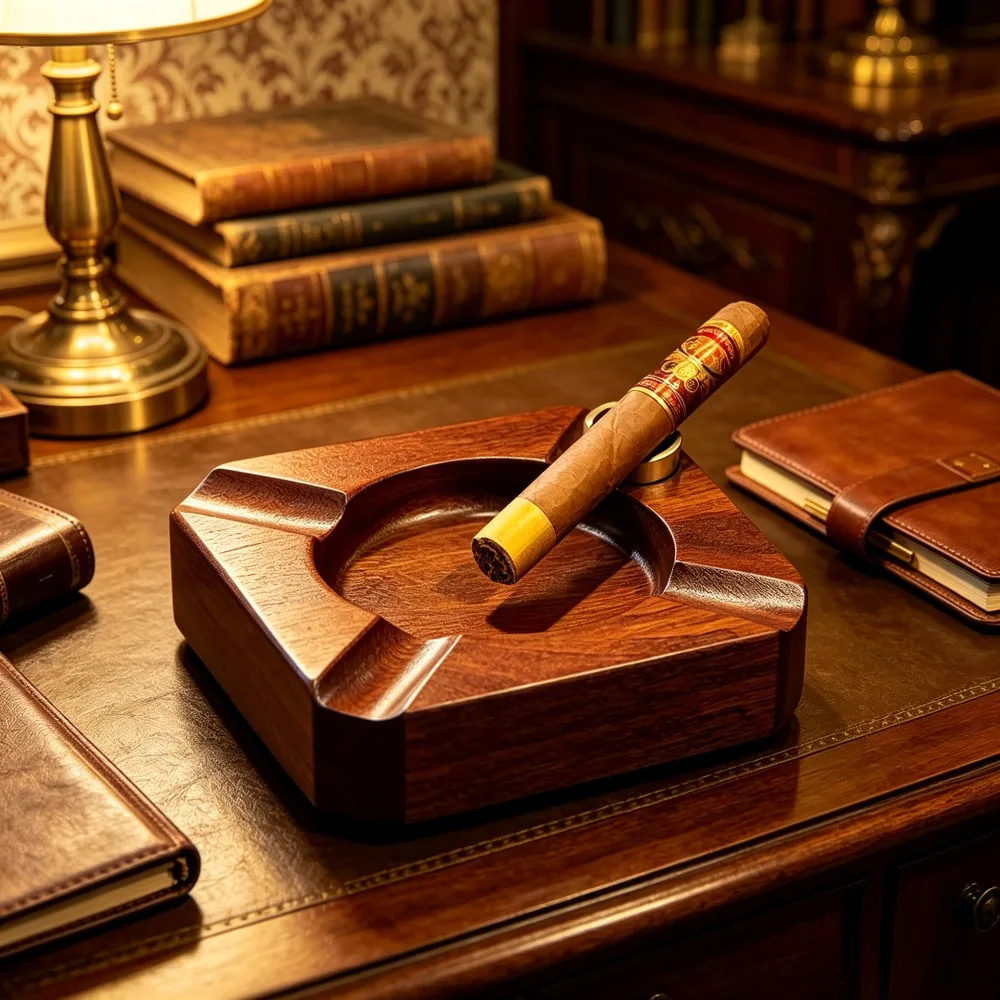 Solid Wood Cigar Ashtray with Integrated Cigar Rest, Retro Stylish Cigar Accessory for Home & Office Use