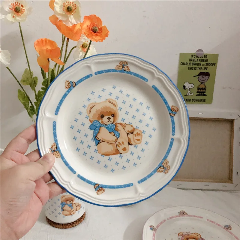 Korean Ins Bear Ceramic Plate Creative Household Dish Breakfast Cake Snack Dinner Set s and Dishes