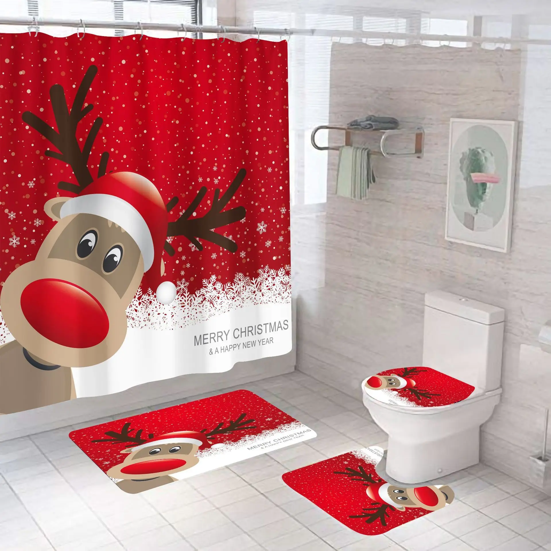 Navidad Frohe Weihnachten Dekor Duschvorhang Santa Elch Weihnachten Wasserdicht Polyester Bad Vorhang Neujahr Schlafzimmer Vorhänge – Detail 8