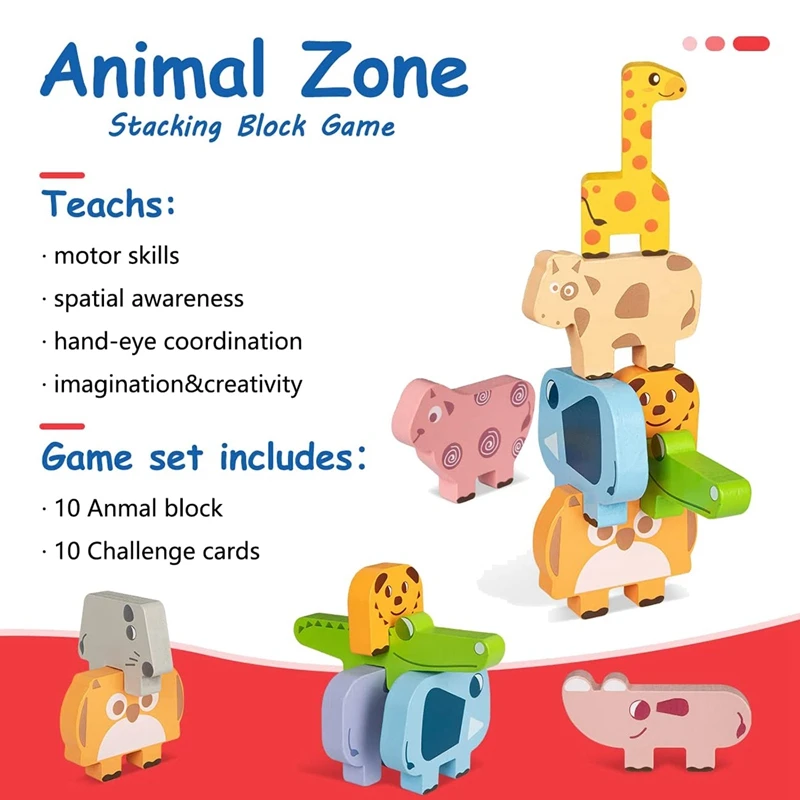 Juguetes de construcción de equipos de madera, juego de bloques de apilamiento, animales, juguetes de equilibrio para niños pequeños, niños, niñas