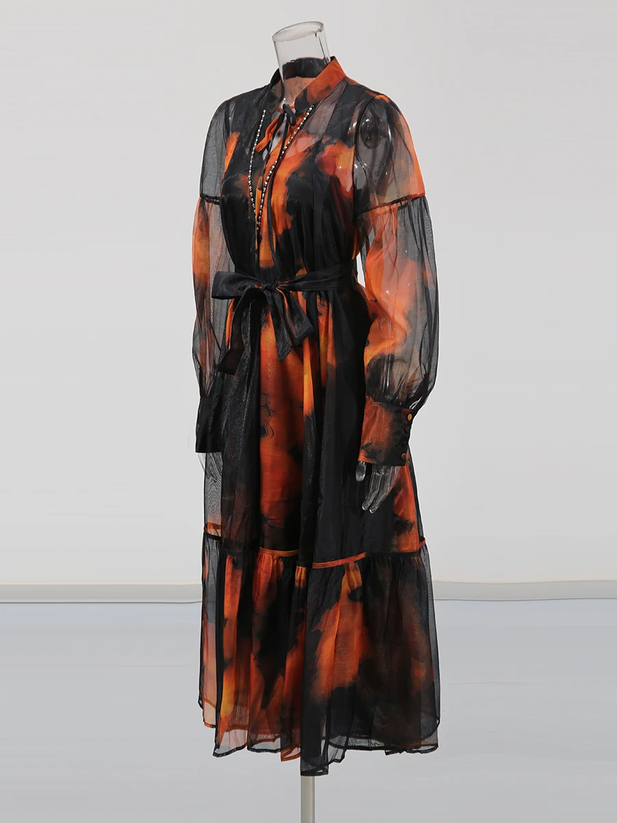 TWOTWINSTYLE Hit couleur ample épissé à lacets robes pour femmes col rond manches longues pure Patchwork plis robe femme nouveau