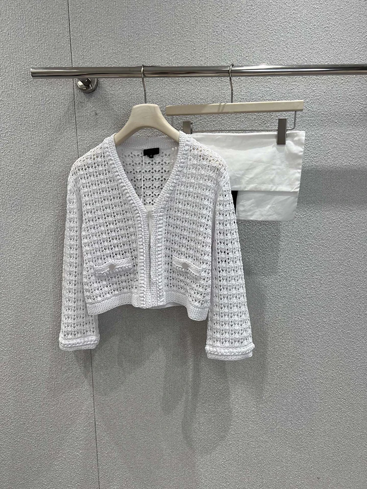 

SVORYXIU Autumn Winter New style Hollowed-out Hook flower Knitted cardigan Woman white Trend Versatile Cardigan