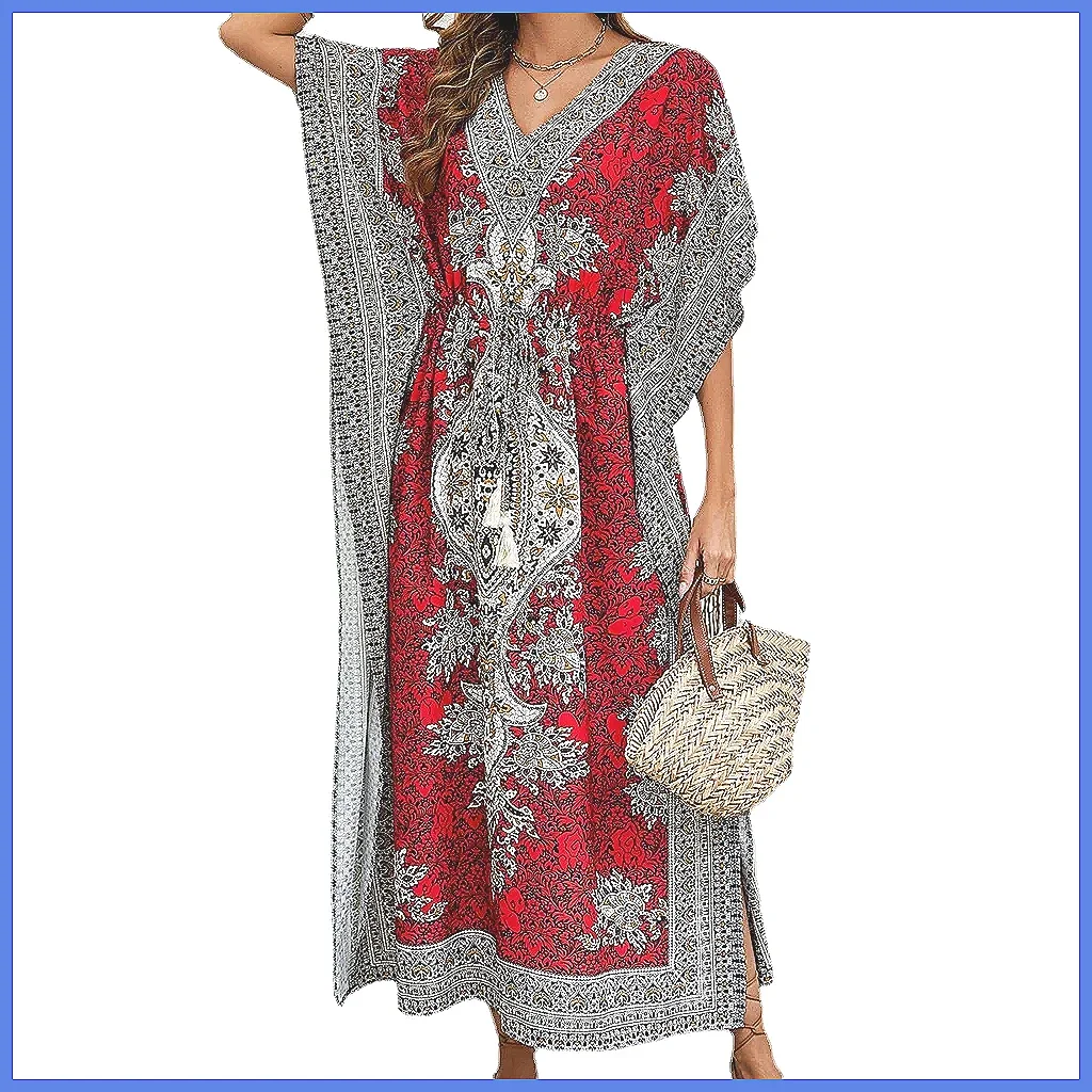 Abito Copricostume Bohemien Lungo con Scollo a V, Vestito Ampio Protettivo Solare da Donna