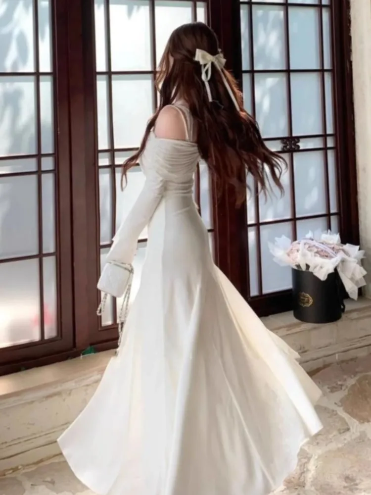 Elegant Wedding Spagetti Straps Dress for Women Long Sleeve Off Shoulder Party Prom Robe Female Autumn Slash Neck Vestidos New