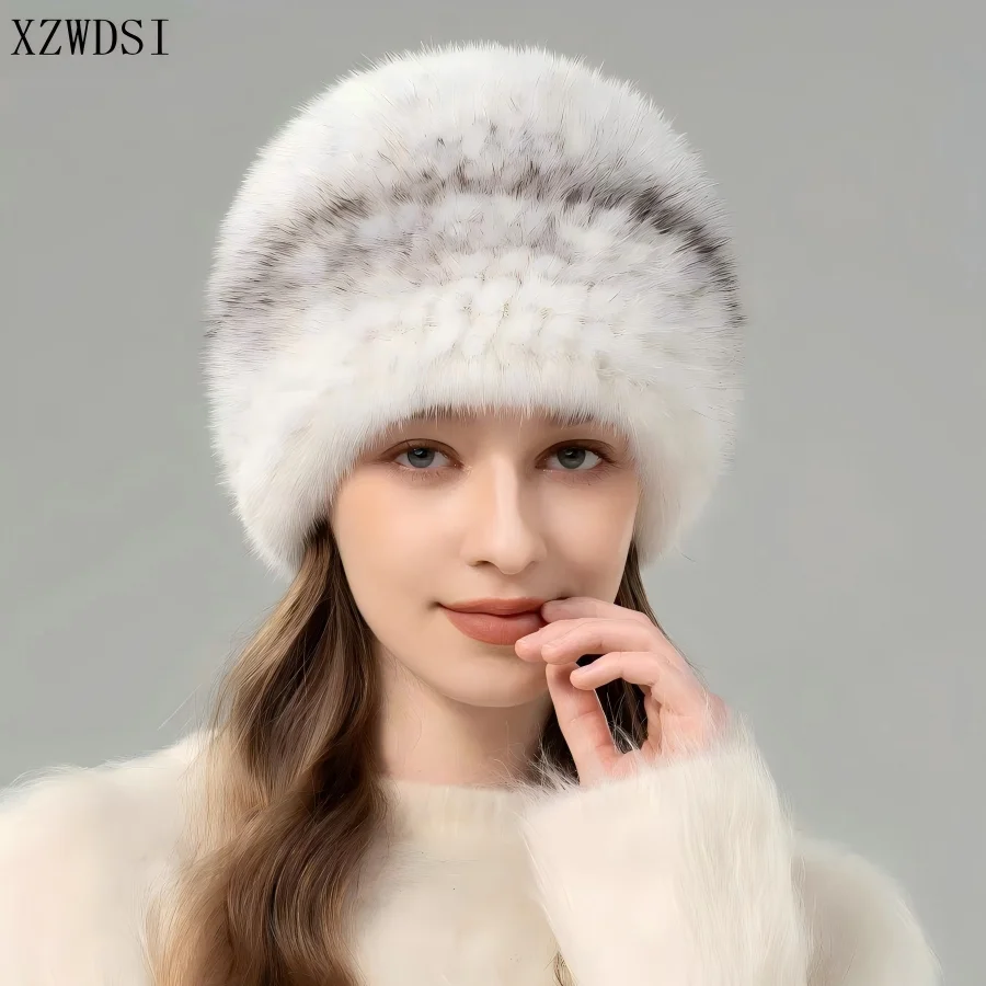 Unisex Real Mink Fur Beanie Hat Crocheting Warm Pullover Elasticity Thickened for Men And Women Autumn Winter