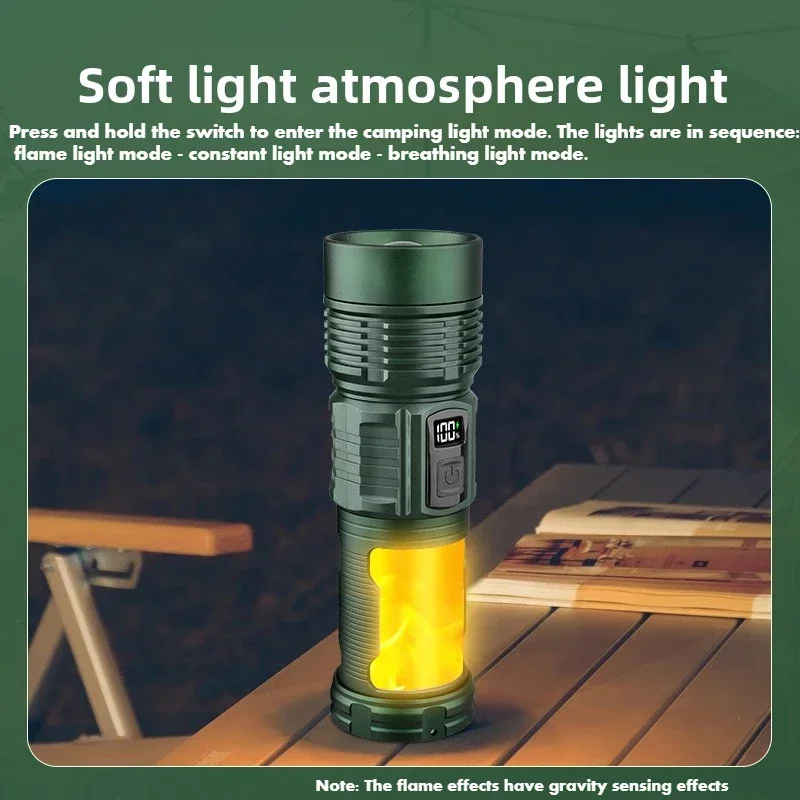 Multifunctional portable strong light flashlight telescopic zoom usb rechargeable multi-light source camping light with flame