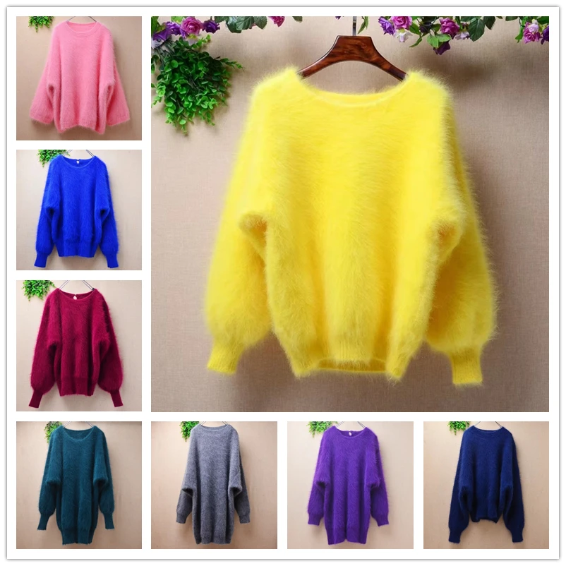 Ropa elegante de moda para Mujer, Otoño Invierno, pelo de conejo Angora peludo, cuello redondo, mangas largas acampanadas, suéter suelto