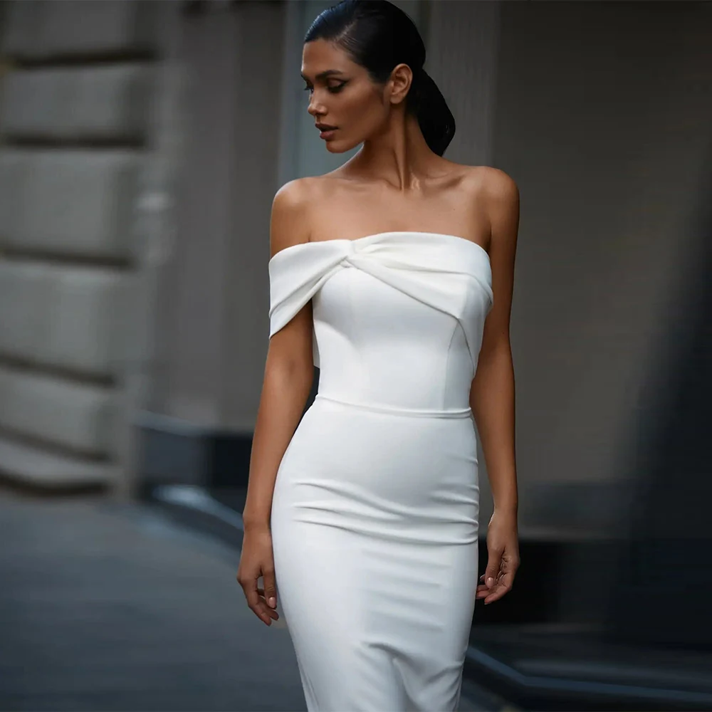 

Modern Wedding Dresses Satin Sheath/Column Engagement Dress White Off-the-shoulder Pleat Simple Party Gown Midi 2024