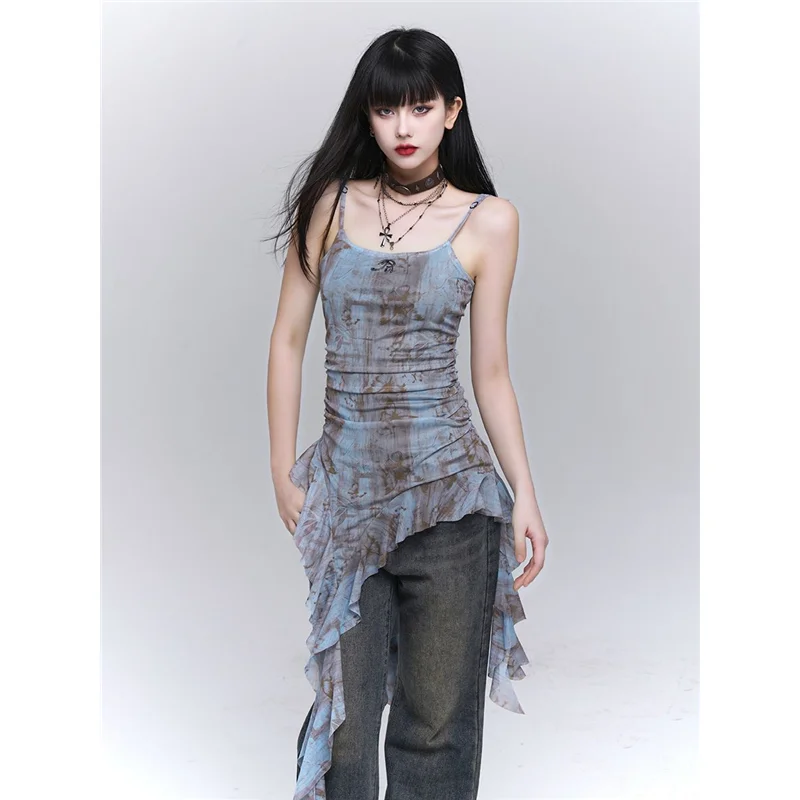 Colete Feminino de Alça Fina Estilo Americano Y2K com Gradiente, Renda Irregular, Top de Malha Modelador com Estampa e Alça F...