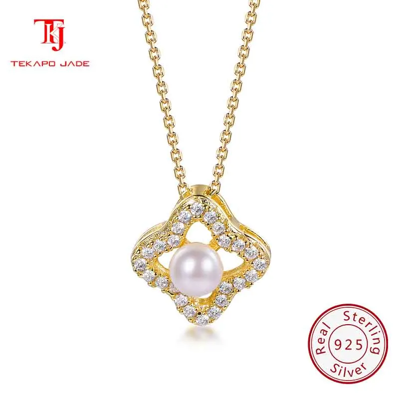 

TKJ JEWELS Fashion 925 Sterling Silver Flowers Shape 4A Zircon Pendant Necklace for Women Elegant Pearl Necklace Party Jewelry