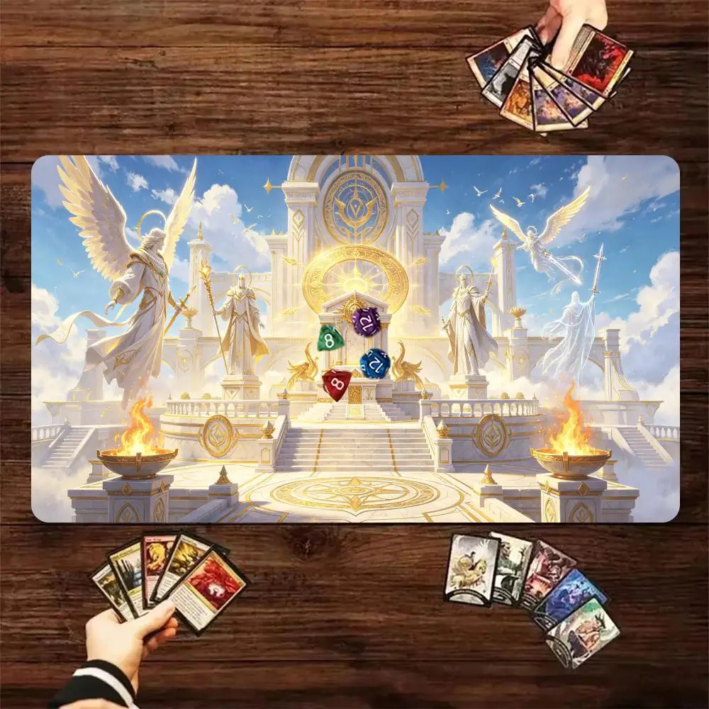 60X35cm Celestial Heavenly Angel Golden Temple Play mat  Non-Slip Rubber Base Stitched Edges Desk mat For TCG Card Game