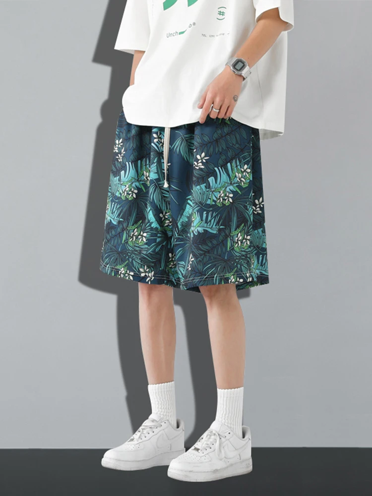 

Мужские летние шорты из ледяного шелка, быстросохнущие, пляжные, повседневные, свободные, спортивные, с цветочным принтом, прямые, повседневные брюки