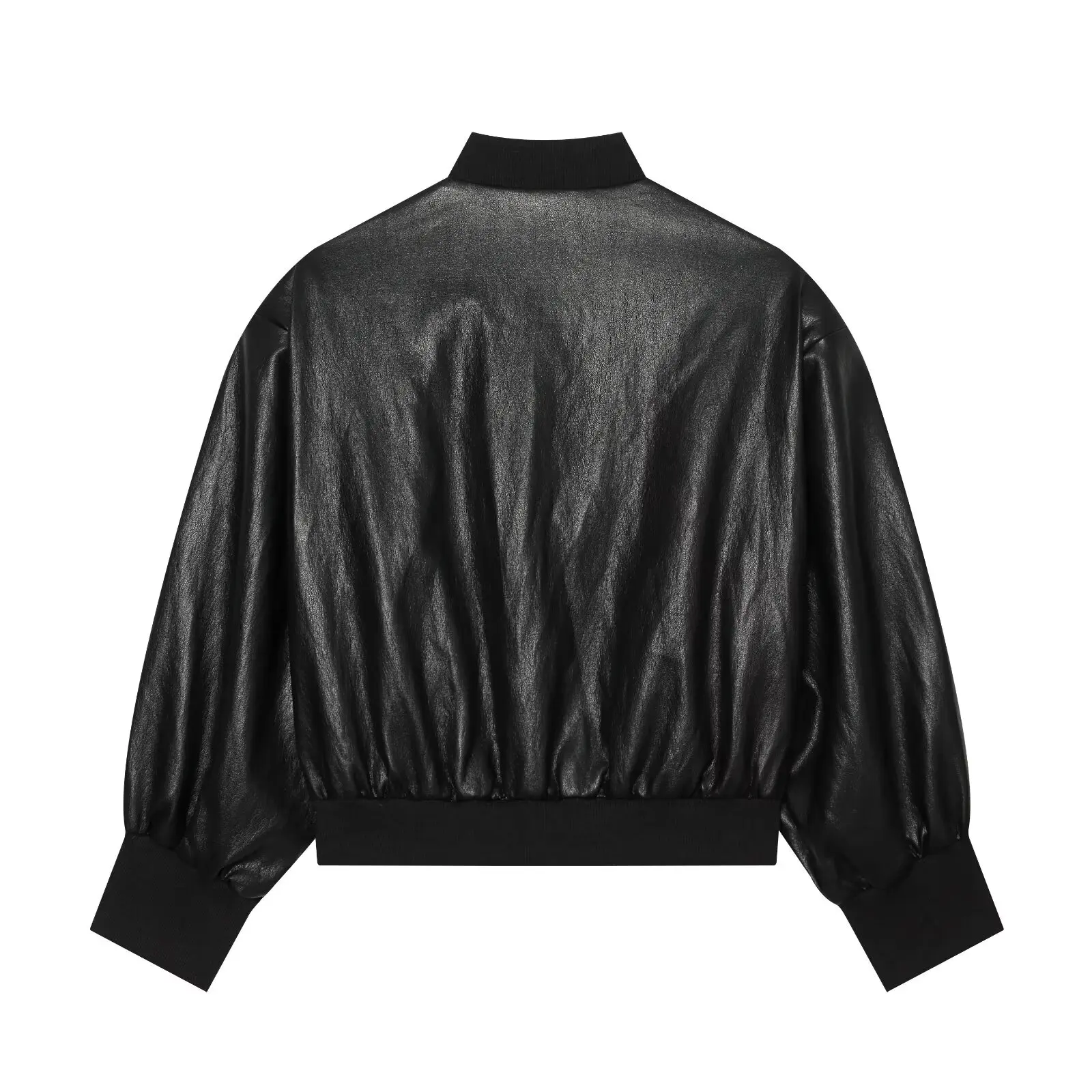 BSAY Women Retro Moto Inspired Faux Leather Bomber Jacket Rib Trim Zip Front With Pockets Loose Cropped Casual Outerwear Coat