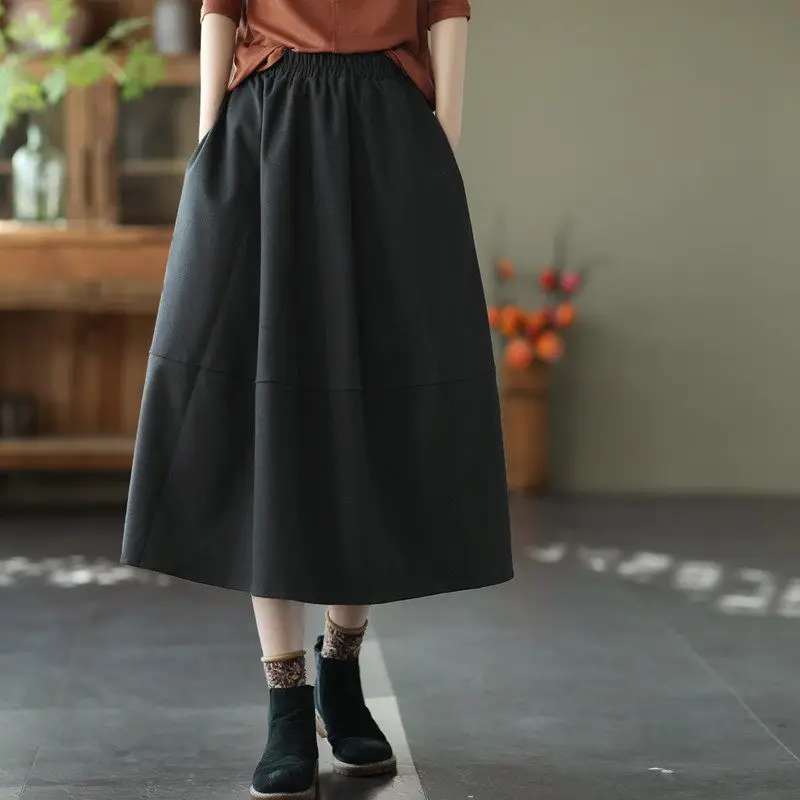 

Autumn Winter Twill Woolen Splice Mid Length Skirt Solid Color Elastic Waist Umbrella Women Korean Fashion Mujer Faldas T1895