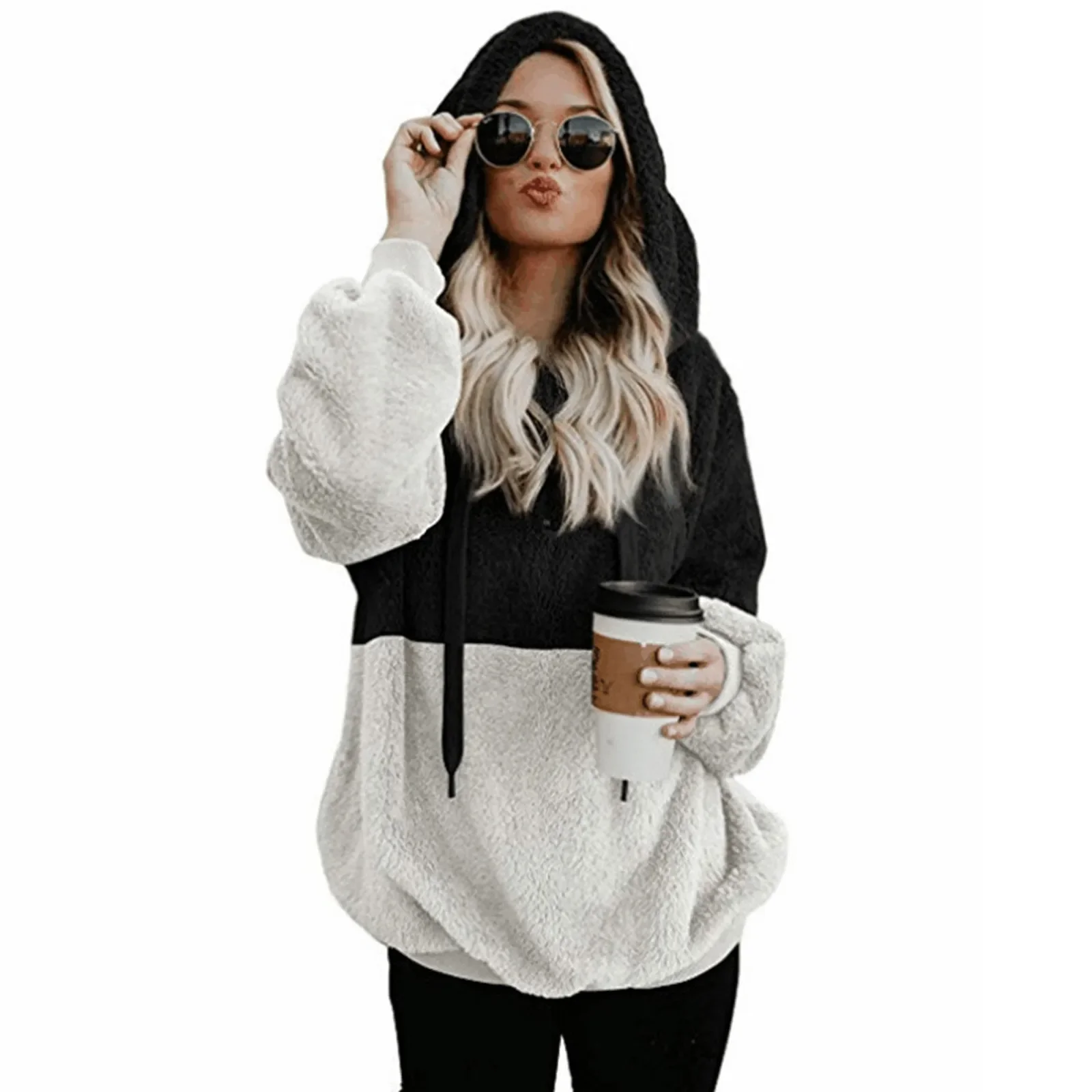 Women's pullover Women's Color Blocking Hooded Stitched Long Sleeve Zipper Plush Sweatshirts